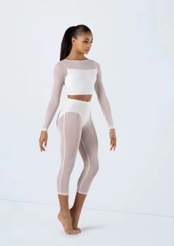 Weissman Long Sleeve Crop Top With Mesh -Dance Costumes SM13070 white SM12238 white 8234 62448.1698840530